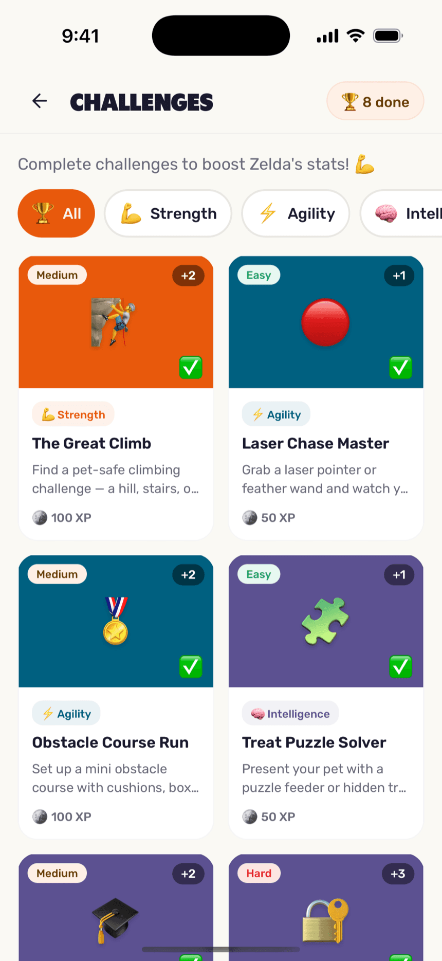 Challenges screen with species-aware challenge cards across stat categories