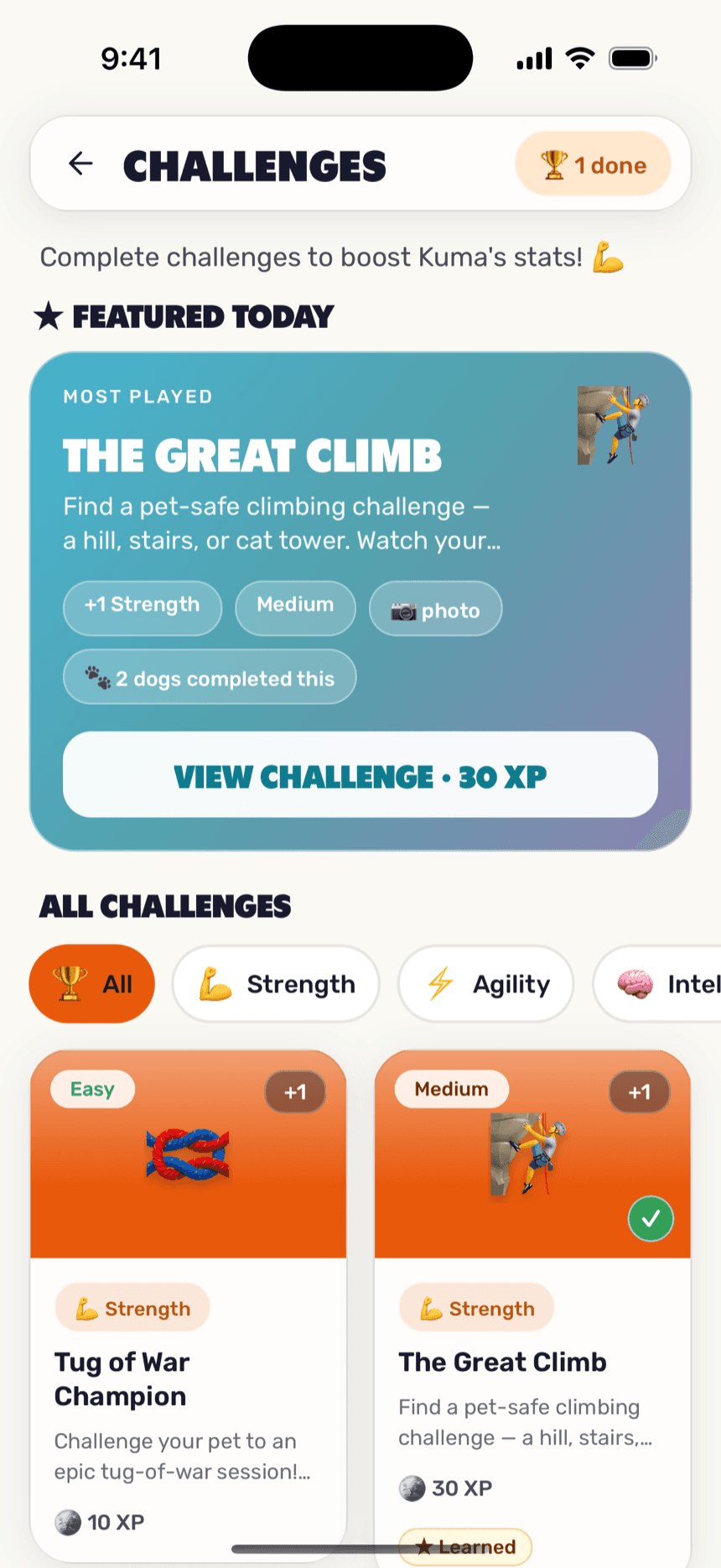 Challenges screen with species-aware challenge cards across stat categories