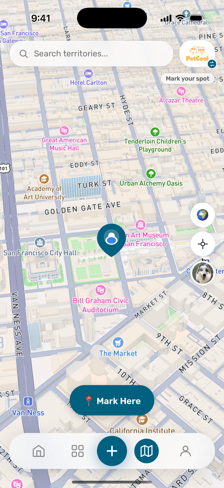 Territory map in mark mode, with the Mark Here button over the neighborhood