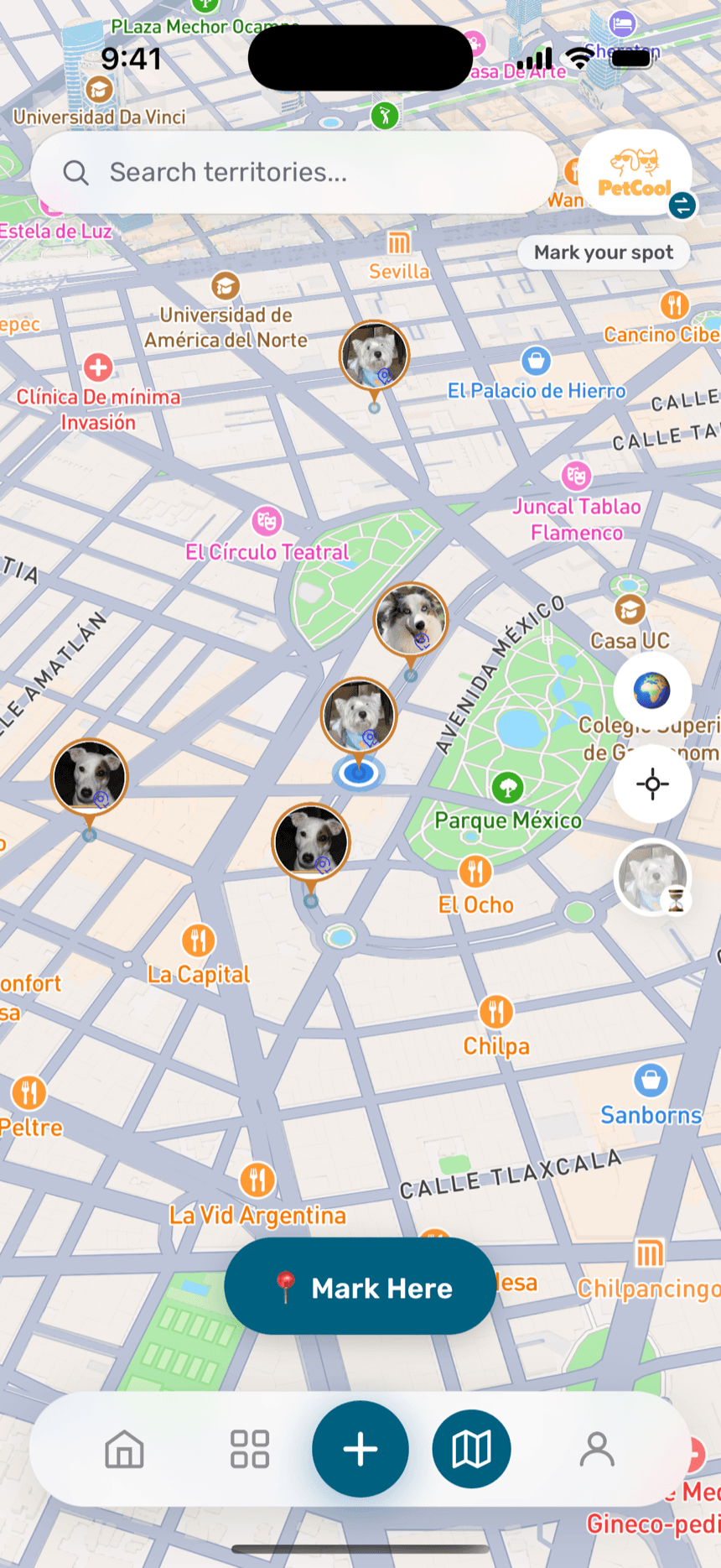 The Challenges Map around Parque México, with pet photo pins on marked spots and the Mark Here button