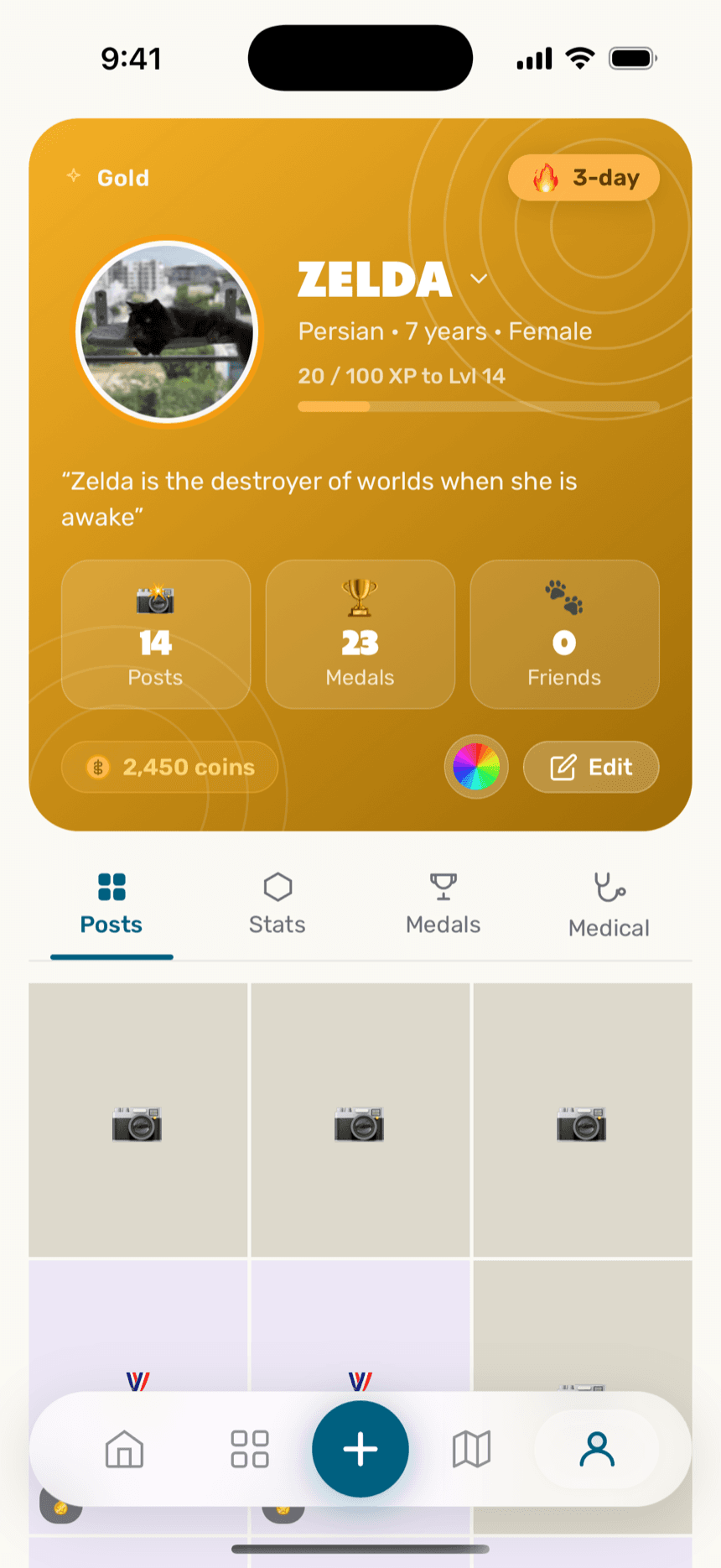 Trading-card pet profile with tier, level, streak, posts and medals